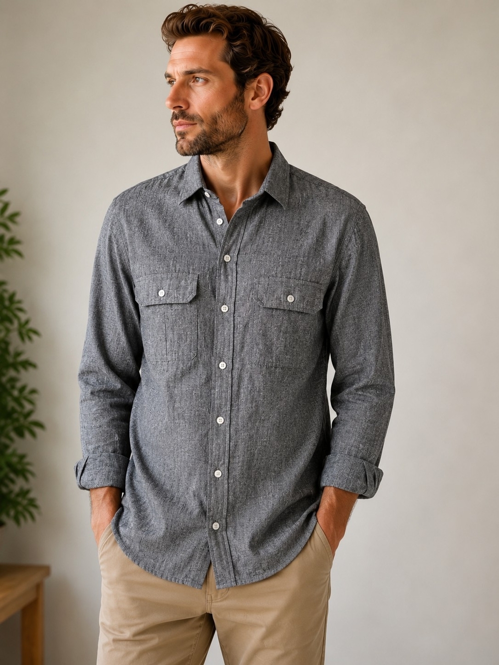 Marc Anthony Linen Blend Slim Fit Gray Button-Up Shirt Men's Large